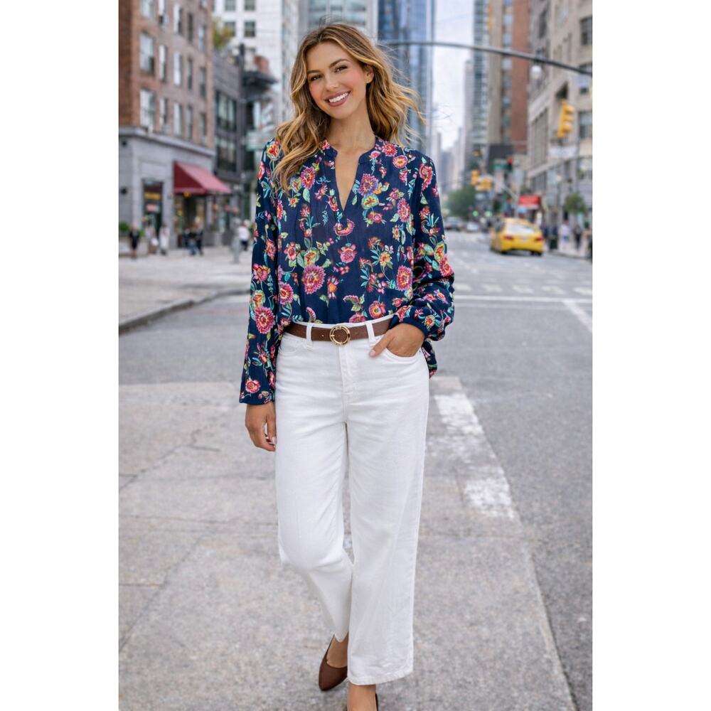 JONES NEW YORK navy & pink floral batik print flowy popover blouse size medium